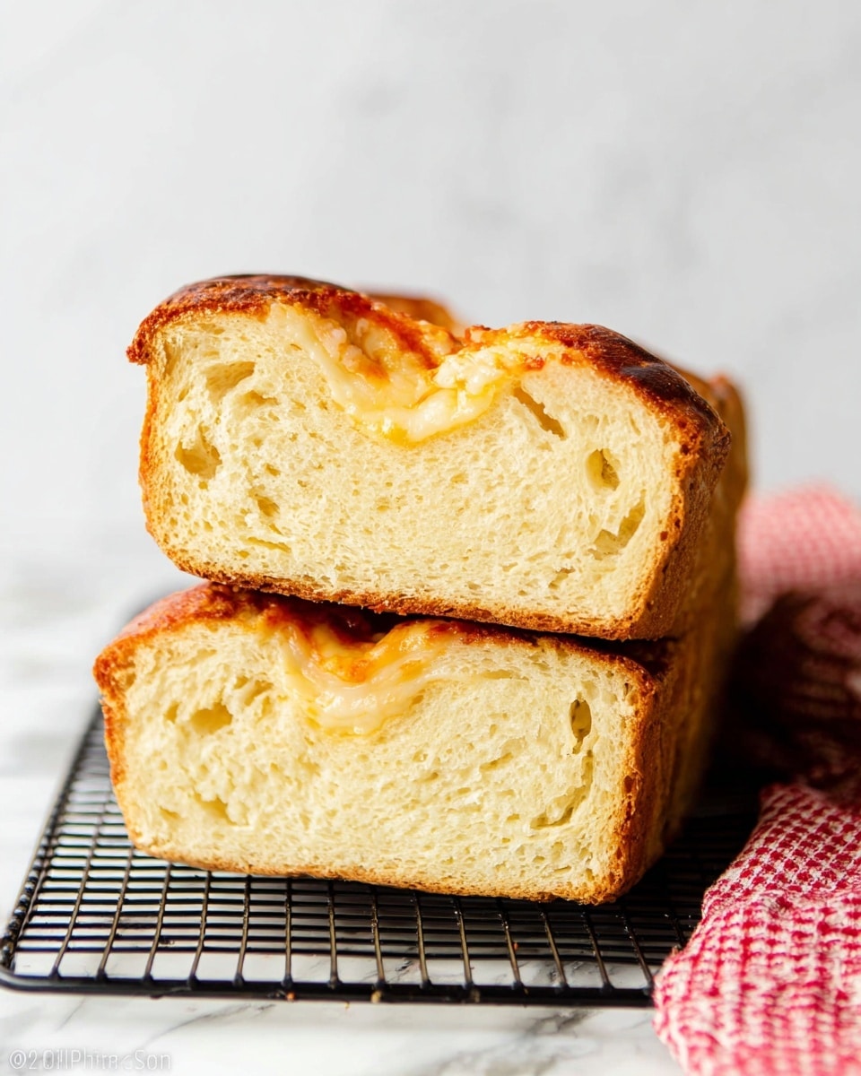 Two thick slices of soft bread with a golden, melted cheese layer sandwiched inside each slice, showing a creamy, slightly shiny texture. The bread is light beige with a slightly crunchy, toasted crust in a warm golden brown color. The slices rest closely stacked on a black cooling rack, with a white marbled texture surface underneath and a glimpse of a red and white checkered cloth on the side. The background is plain and clean, emphasizing the bread's texture and color. Photo taken with an iphone --ar 4:5 --v 7