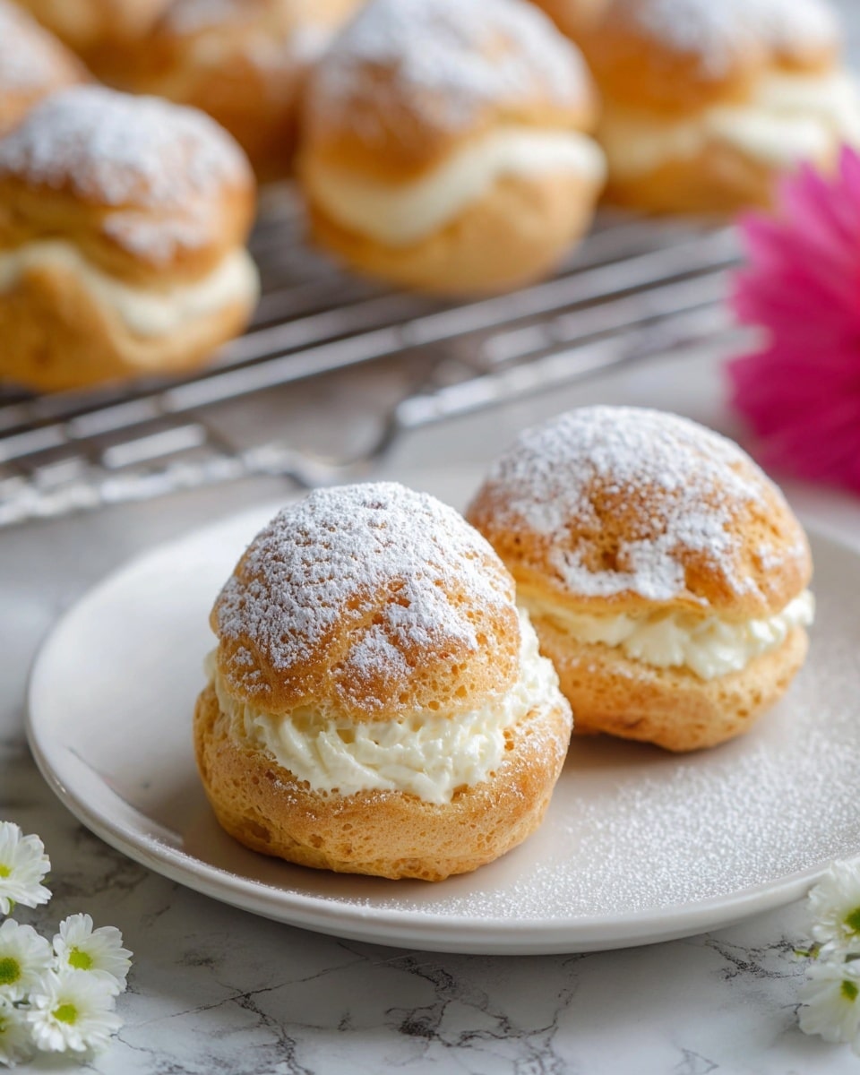 The image shows a white plate holding three cream puffs. Each puff has a golden-brown, slightly rough outer shell with a visible soft cream layer peeking out from the sides. The puffs are dusted generously with white powdered sugar on top, giving a light, snowy effect. In the background, more cream puffs rest on a cooling rack. The surface beneath everything is white with a marbled texture. Small white flowers and a hint of a bright pink flower are visible near the plate. photo taken with an iphone --ar 4:5 --v 7