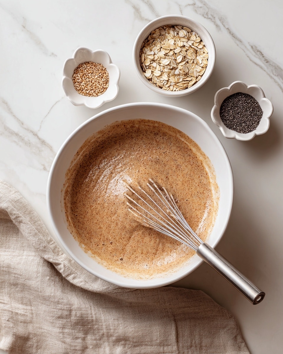 A white bowl is filled with a light brown foamy batter, and a whisk is inside the bowl being held at the bottom left. Above this bowl, there is another bowl containing a mix of oats and chia seeds, which is beige and textured with a whisk resting inside. Below and to the right, there are two small white bowls, one shaped like a flower holding dark chocolate chips, and the other round holding black chia seeds. The whole setup is on a white marbled surface with a beige cloth tucked under the bowl with the batter. photo taken with an iphone --ar 4:5 --v 7