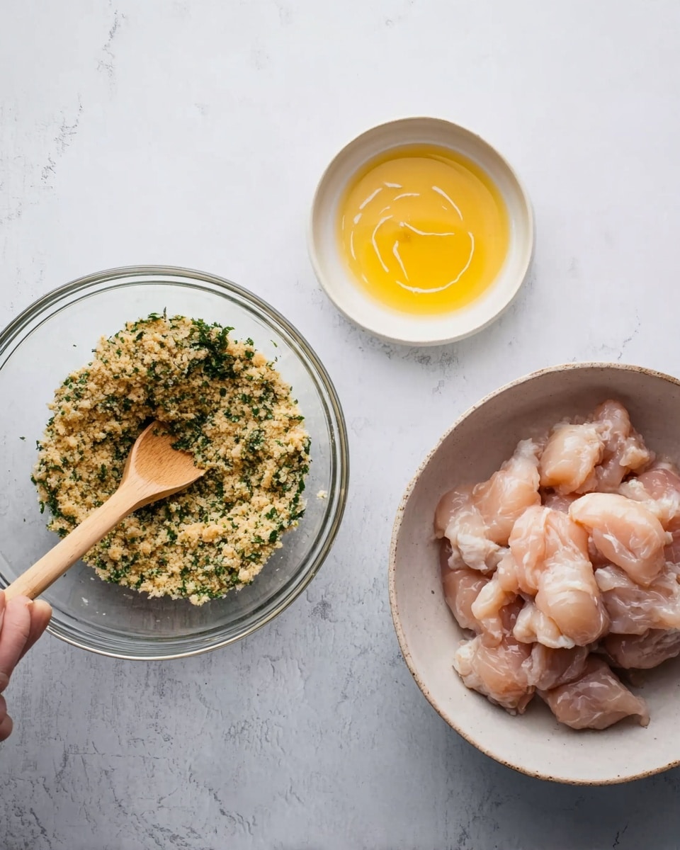 The image shows three bowls on a white marbled surface. The first bowl is clear glass, filled with a crumb mixture that has green herbs mixed in, with a woman's hand wooden spoon resting inside. The second bowl is a small white bowl containing melted butter with swirls. The third bowl is a larger white bowl filled with raw, light pink chicken pieces. The composition is simple and clean with a focus on the ingredients. Photo taken with an iphone --ar 4:5 --v 7