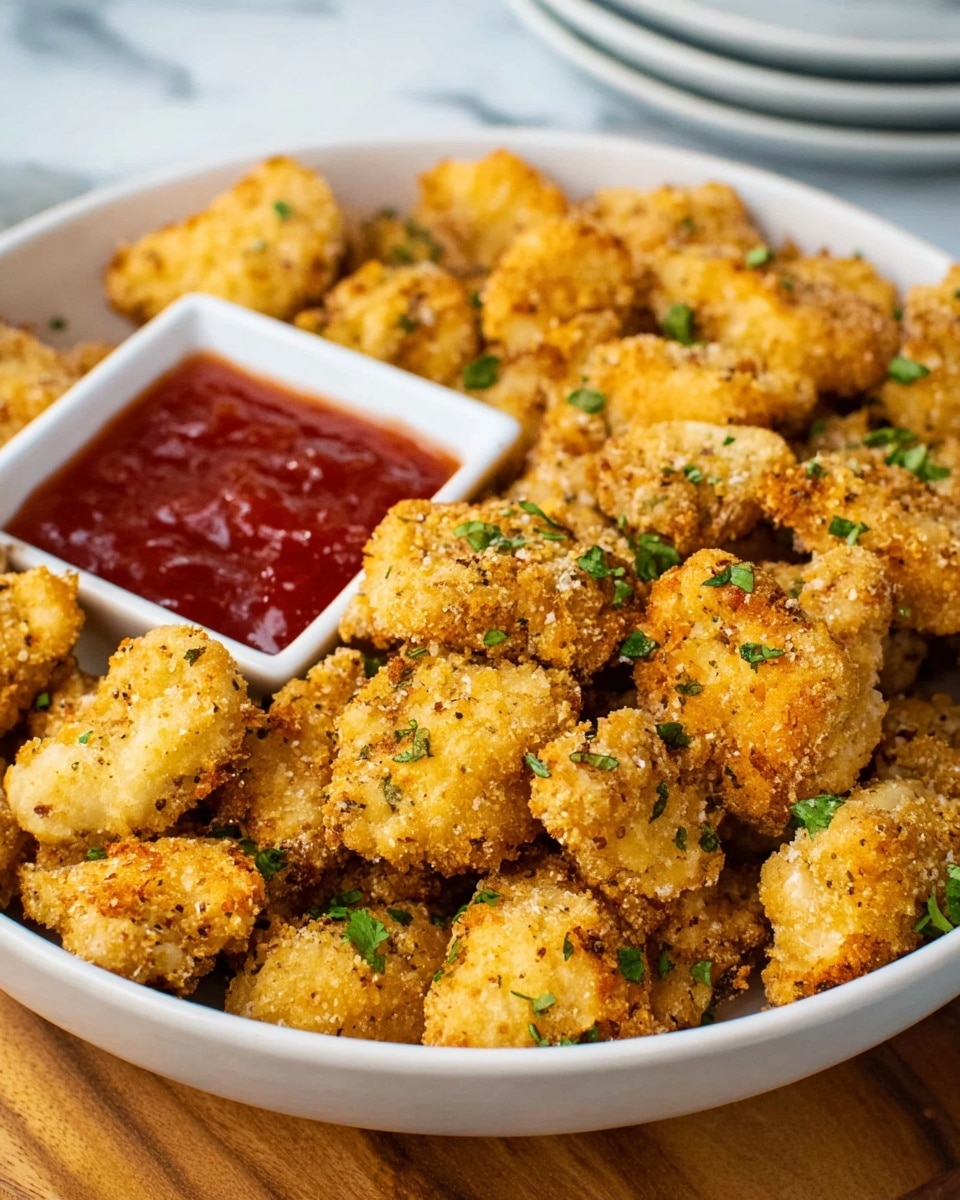 A large white bowl is filled with many golden brown breaded chicken pieces that have a crunchy texture and small green herb bits sprinkled on them. In the middle of the bowl, there is a small white square dish with bright red dipping sauce inside. The bowl is set on a wooden board, and the background has a white marbled texture with a few stacked white plates blurred in the distance. The chicken pieces are arranged close together around the sauce dish, showing a mix of larger and smaller pieces with a few green herb leaves on top photo taken with an iphone --ar 4:5 --v 7