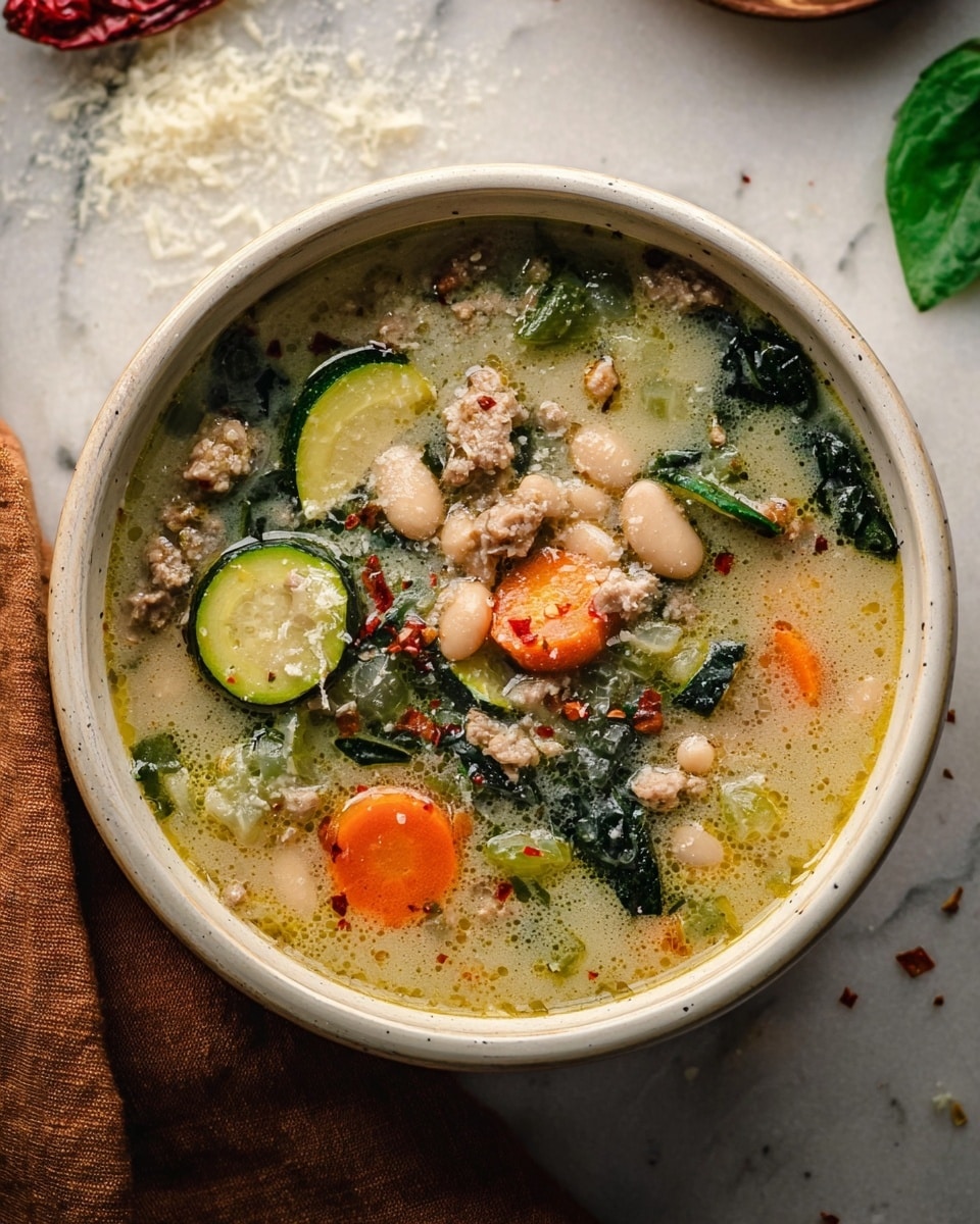 A white bowl filled with creamy soup showing four main layers: the broth layer is light beige and slightly thick with oil droplets on top; scattered large white beans and ground meat pieces form the second layer; bright orange carrot slices and green zucchini slices add color in the third layer; dark green leafy vegetables and sprinkled red chili flakes sit mostly on the surface. The bowl is on a white marbled surface with a brown cloth nearby, and some grated cheese is lightly scattered around. photo taken with an iphone --ar 4:5 --v 7
