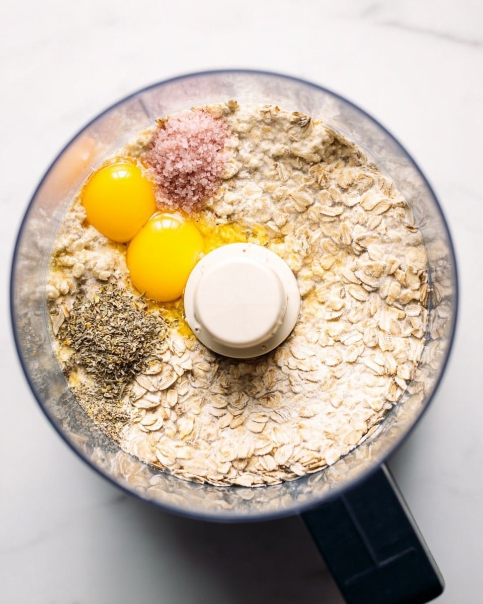 A top-down view inside a clear food processor bowl shows layers of ingredients ready to be mixed. The bottom layer consists of light beige rolled oats covering most of the space, with a small pile of pink salt and a sprinkle of dried herbs in the upper left area. Two bright yellow egg yolks sit side by side near the top center, surrounded by the other ingredients. The center features a white plastic blade attachment slightly covered with oats. The food processor bowl has a thick clear plastic rim and is placed on a dark base, all set on a white marbled surface. Photo taken with an iphone --ar 4:5 --v 7