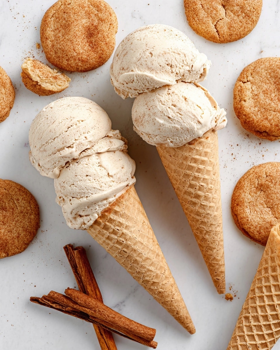 The image shows two ice cream cones on a white marbled surface, each filled with two scoops of light beige ice cream with a slightly rough texture visible. The cones are light brown with a classic waffle pattern. Surrounding the cones are several round, golden-brown cookies with a crumbly texture and a light dusting of cinnamon or sugar. A few empty waffle cones are also scattered nearby. Two cinnamon sticks, rich brown in color, lay on the surface among the treats. photo taken with an iphone --ar 4:5 --v 7
