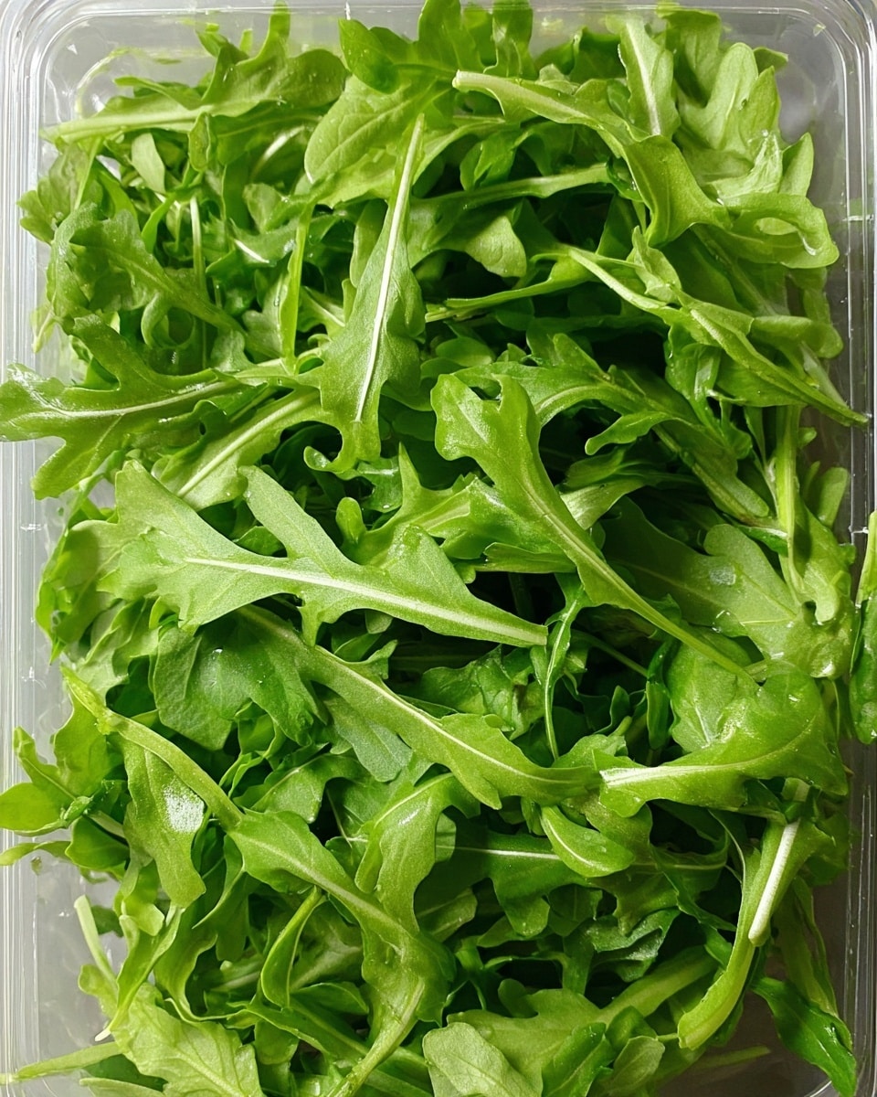 The image shows a clear plastic container full of fresh arugula leaves. The arugula leaves are bright green with varied shapes, some smooth and some slightly jagged edges, spread evenly throughout the container with visible light reflections on some leaves, giving a fresh and crisp look. The background is not visible because the container fills the frame. Photo taken with an iphone --ar 4:5 --v 7