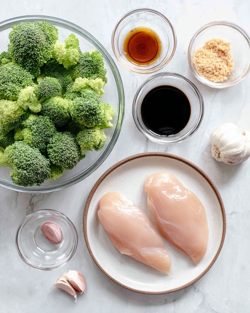 The image shows a flat lay of raw ingredients arranged on a white marbled surface. In the lower right corner, two smooth, pale pink raw chicken fillets lay side by side on a white plate with a soft brown center. To the left, a large clear glass bowl is filled with bright green broccoli florets, showing a rough texture and natural shape. Surrounding the bowls are small clear glass bowls holding dark soy sauce, a lighter brown liquid, and a small pile of light brown minced garlic. Two peeled garlic cloves rest nearby, pale purplish-pink in color. The whole setup is neat and bright, capturing the fresh, raw state of the ingredients. photo taken with an iphone --ar 4:5 --v 7