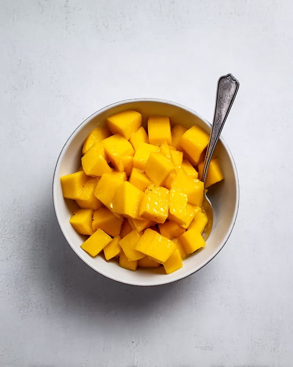 A white bowl is filled with bright yellow mango cubes, each piece looking juicy and fresh. A silver spoon rests inside the bowl on the right side, slightly angled. The bowl sits on a smooth white marbled surface, creating a clean and simple background. photo taken with an iphone --ar 4:5 --v 7