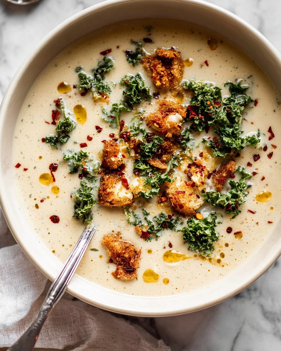 A white bowl filled with creamy, light beige soup, topped with golden-brown crumbled bits that have a crispy texture, scattered around with dark green curly kale pieces, and small reddish flakes that look like chili flakes spread evenly on the surface. There are tiny droplets of orange oil floating and shining on the soup's surface, creating a glistening effect. A silver spoon is placed on the left edge of the bowl, partially submerged in the soup. The bowl is resting on a white marbled surface with a white cloth nearby. Photo taken with an iphone --ar 4:5 --v 7