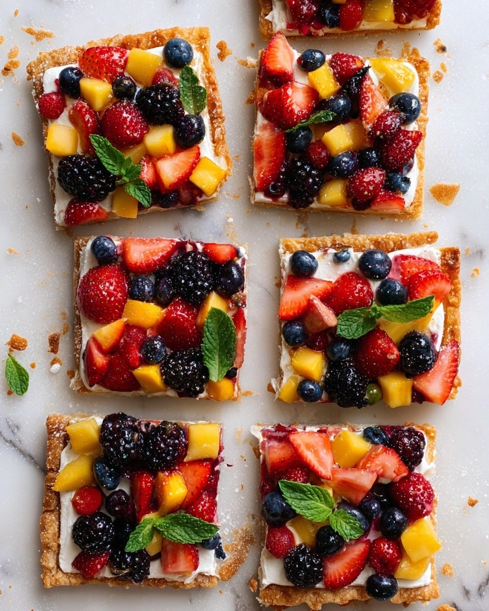 The image shows eight square pieces of fruit tart placed on a white marbled surface. Each tart piece has three layers: the bottom layer is a golden-brown, crisp pastry crust with a slightly flaky texture around the edges; the middle layer is a smooth, creamy white spread; and the top layer is a colorful mix of fresh fruits including red strawberry slices, black blackberries, dark blue blueberries, and small yellow peach chunks, all scattered evenly. Bright green mint leaves are placed on top of the fruits for decoration. Some crumbs and small flakes are visible around the tarts, adding a rustic look. photo taken with an iphone --ar 4:5 --v 7