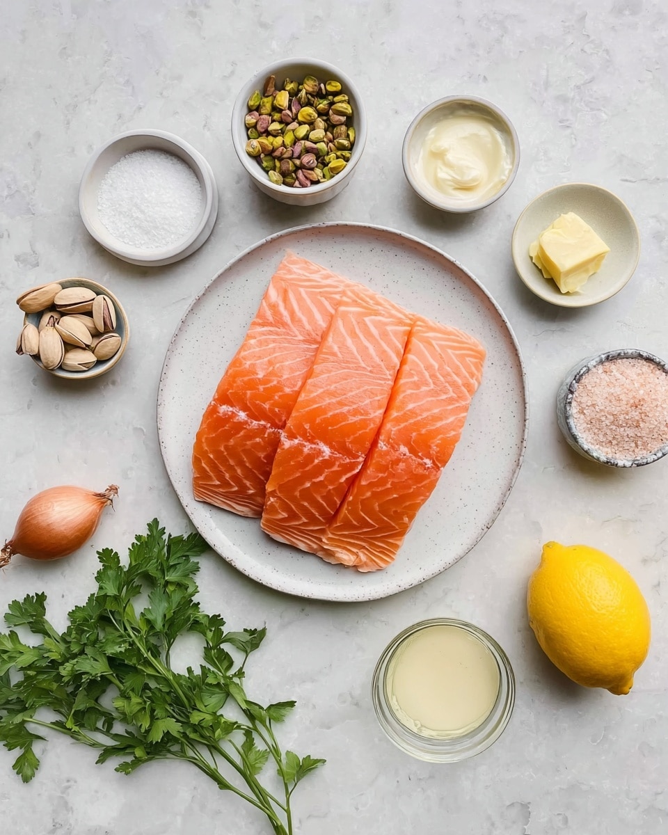 On a white plate in the middle, there are three fresh, orange salmon fillets with visible white lines showing the texture of the fish. Surrounding the plate on a white marbled surface, there are small white bowls and containers holding various ingredients: one with greenish unpeeled pistachio nuts, one with a smooth white cream, one with a single peeled garlic clove, one with yellow butter, one with a whole yellow lemon, one with a light beige powder, one with white coarse salt, and one small glass bowl with a pale yellow soft paste. There is also a small shallot with brown skin and a bunch of fresh green parsley with leaves and stems placed near the bottom center. The scene looks clean and bright with soft natural light. Photo taken with an iphone --ar 4:5 --v 7