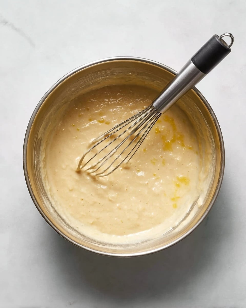 A top view of a shiny metal bowl filled with light beige batter that has small yellow pieces mixed in, giving it a soft and slightly lumpy texture. A silver whisk with a black handle rests inside the bowl, partially covered with batter. The bowl sits on a white marbled surface, with soft shadows around it. The scene looks simple and clean, showing the batter clearly. photo taken with an iphone --ar 4:5 --v 7