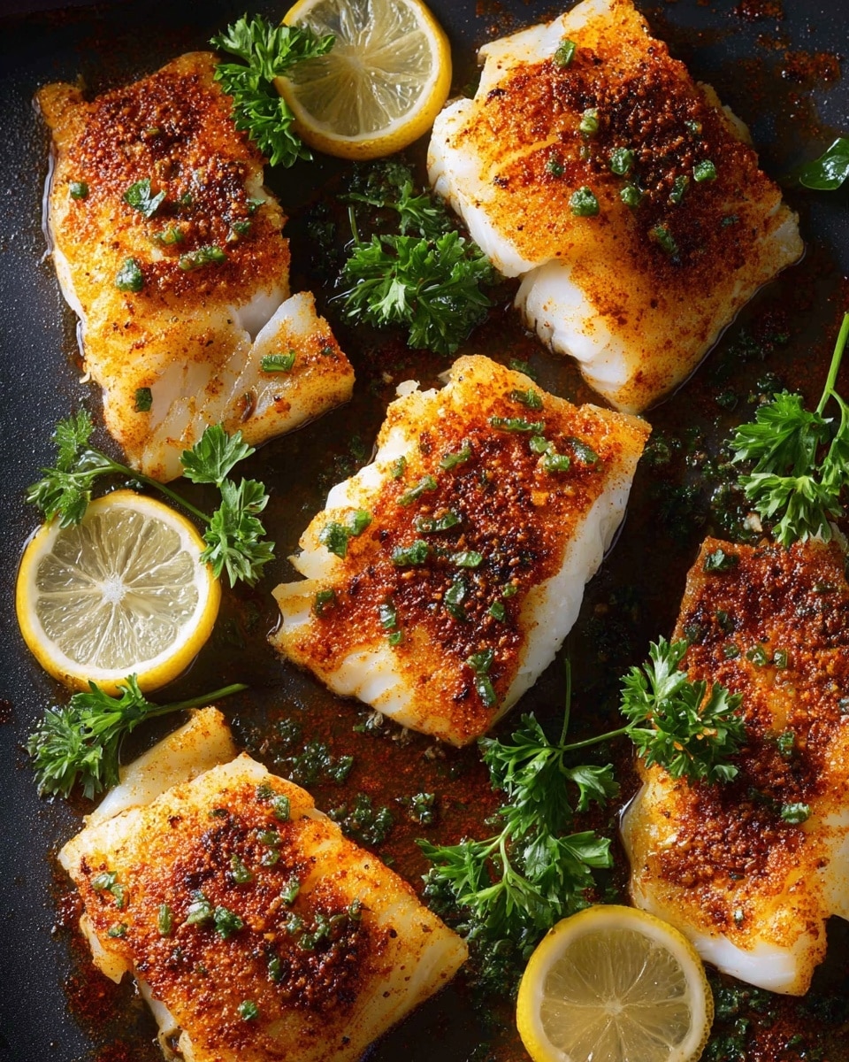 The image shows six pieces of cooked white fish with a golden-brown spice layer on top, scattered on a dark pan surface. Each fish piece is sprinkled with small green herb bits and surrounded by fresh green parsley sprigs. There are three thin slices of lemon placed near the fish, adding a bright yellow contrast. The fish looks moist with a slight shine from the cooking oil around them. photo taken with an iphone --ar 4:5 --v 7