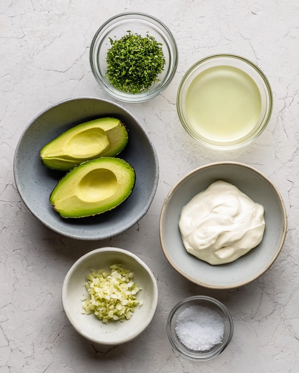 The image shows six bowls of different sizes arranged on a white marbled surface. One large gray bowl holds a halved avocado with bright green flesh and a smooth texture on the inside. Next to it is a small clear glass bowl filled with finely chopped green herbs. Below is a small white bowl with creamy, white yogurt that looks thick and smooth. Beside that is another small gray bowl containing finely chopped garlic with a rough texture. Above everything is a medium clear glass bowl filled with a pale yellow liquid, possibly juice or oil, with a clear and smooth surface. The last small glass bowl contains a fine white powder, likely salt. The bowls are neatly spaced with clean edges and soft natural light, photo taken with an iphone --ar 4:5 --v 7