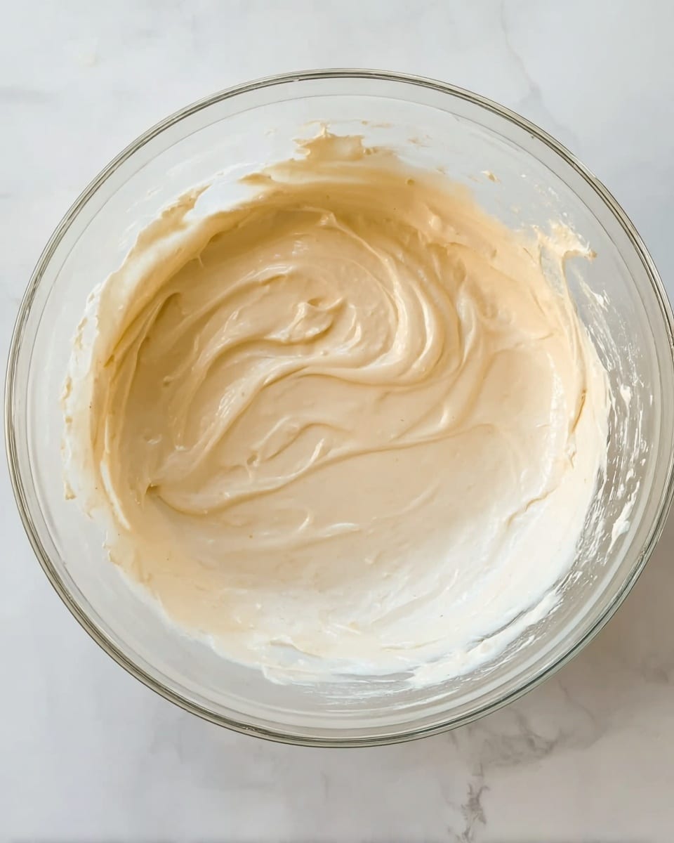 A clear glass bowl sits on a white marbled surface, containing a mixture of soft, smooth creamy layers. The top layer is a light beige cream that looks shiny and thick, blending gently into a whiter, fluffier creamy base underneath. The textures seem soft and whipped, with some swirls showing the mix of the two colors. Photo taken with an iphone --ar 4:5 --v 7