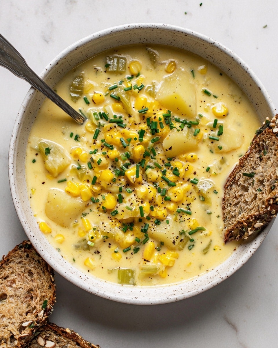 A white speckled bowl filled with creamy yellow corn chowder containing visible layers of bright yellow corn kernels, small light brown potato pieces, and chopped light green celery pieces, all mixed in a smooth creamy broth. The top is sprinkled with finely chopped dark green chives and black pepper. A silver spoon rests inside the bowl on the left side. To the right edge, there are two slices of multigrain bread with a crunchy texture. The bowl is placed on a white marbled surface. photo taken with an iphone --ar 4:5 --v 7