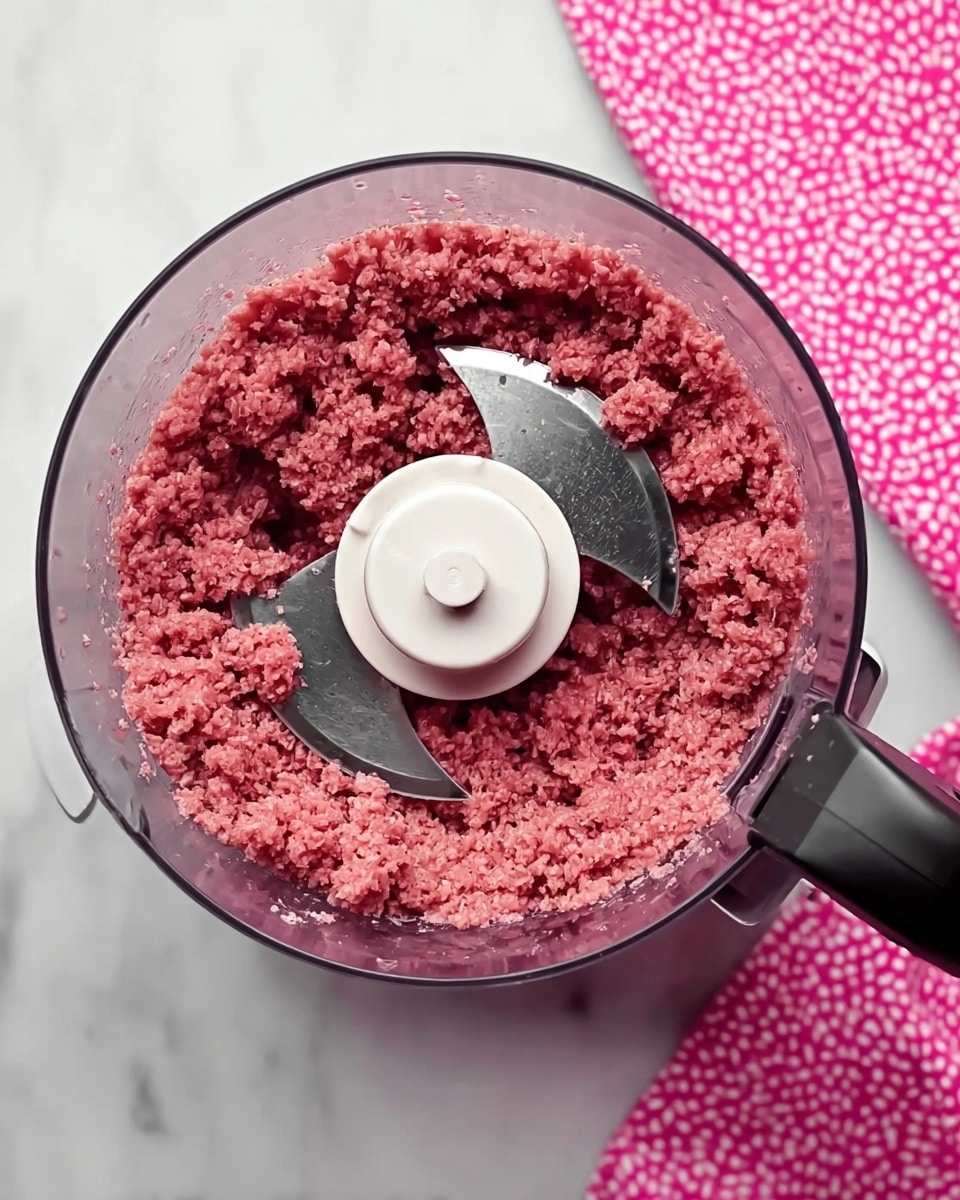 The image shows a clear food processor bowl filled with minced raw meat, which is a deep pink color and has a coarse, chunky texture. The meat is spread evenly inside the bowl, and the white central blade holder is visible in the middle. The processor has a black handle on the right side. The background is a white marbled texture, and in the lower right corner, there is a pink cloth with a white pattern. Photo taken with an iphone --ar 4:5 --v 7