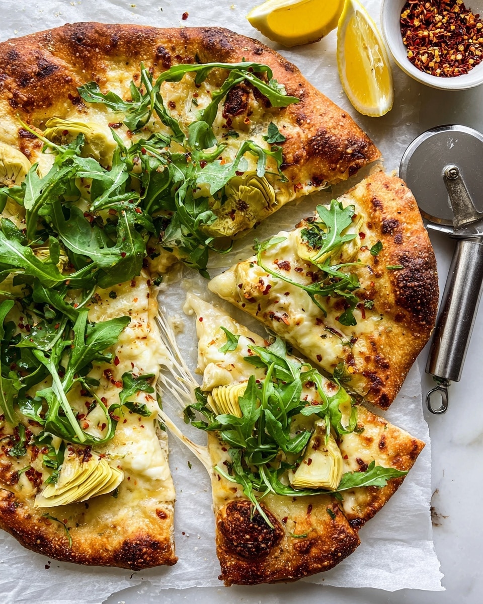 The image shows a close-up of a pizza with three slices pulled slightly apart, revealing melted cheese stretching between them. The pizza has a golden brown crust with some darker toasted spots around the edges. The base layer is creamy melted cheese in a pale yellow color. On top are soft, pale green artichoke hearts scattered around. Fresh green arugula leaves with leafy textures are generously spread on top, adding a bright contrast. The pizza is placed on white parchment paper over a white marbled surface. Nearby are lemon wedges with bright yellow tones and a small white bowl filled with red chili flakes. A silver pizza cutter is partially visible at the corner. Photo taken with an iphone --ar 4:5 --v 7