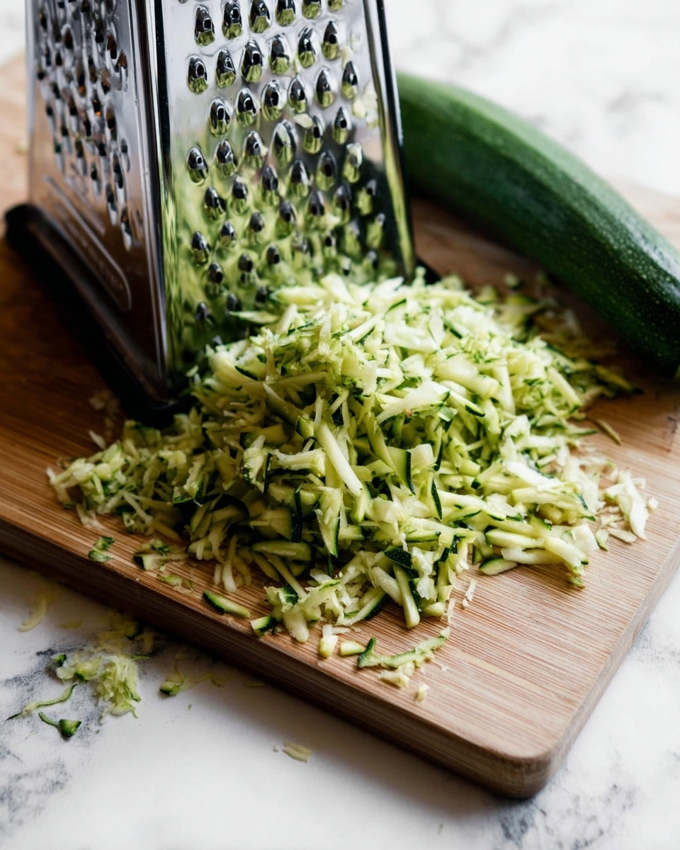 A pile of shredded green zucchini lies on a wooden board with a shiny metal box grater resting on its side, covered with bits of shredded zucchini. Next to the pile is a partially shredded zucchini with dark green skin and a pale green inside. The wooden board rests on a white marbled surface. The photo taken with an iphone --ar 4:5 --v 7