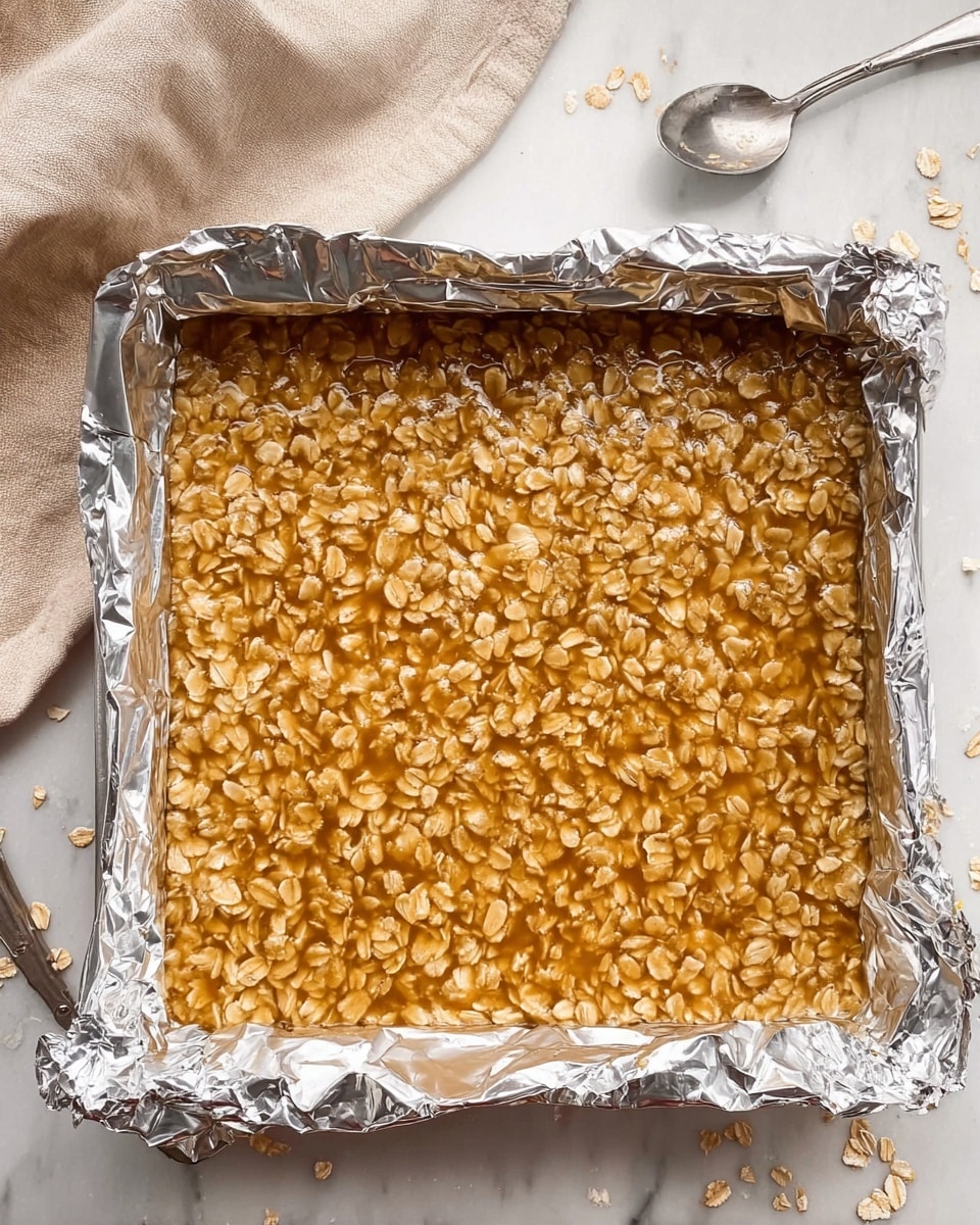 A square pan lined with shiny silver foil holds a single thick layer of light golden oat mixture pressed down evenly. The oat pieces are scattered throughout the glossy, sticky caramel-colored base, giving a textured look with slightly uneven surfaces. The pan edges are crinkled with the foil wrapping, and the pan sits on a white marbled surface with some oats spilled beside it. Nearby, a silver spoon rests on the surface and a pale beige cloth is partially visible on the left side. photo taken with an iphone --ar 4:5 --v 7