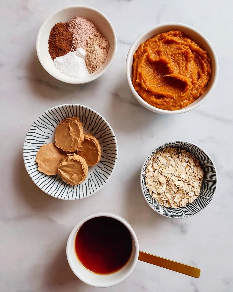 The image shows five white bowls arranged on a white marbled surface. The top-left bowl contains three powdered ingredients: a light pink powder, a cocoa-brown powder, and a white powder, separated within the small bowl. Below it, a bowl holds a smooth orange-colored puree with a thick texture filling it nearly full. To the right of the puree, there is a small white bowl with a black zigzag pattern, filled with light beige rolled oats. At the bottom left, a white bowl with thin black vertical stripes contains scoops of light brown peanut butter. To the right of the powdered bowl, a small white cup with a dark red liquid inside has a golden handle and a wooden handle attached. The whole arrangement is well spaced out, visually balanced, and set on a clean white marbled surface. Photo taken with an iphone --ar 4:5 --v 7