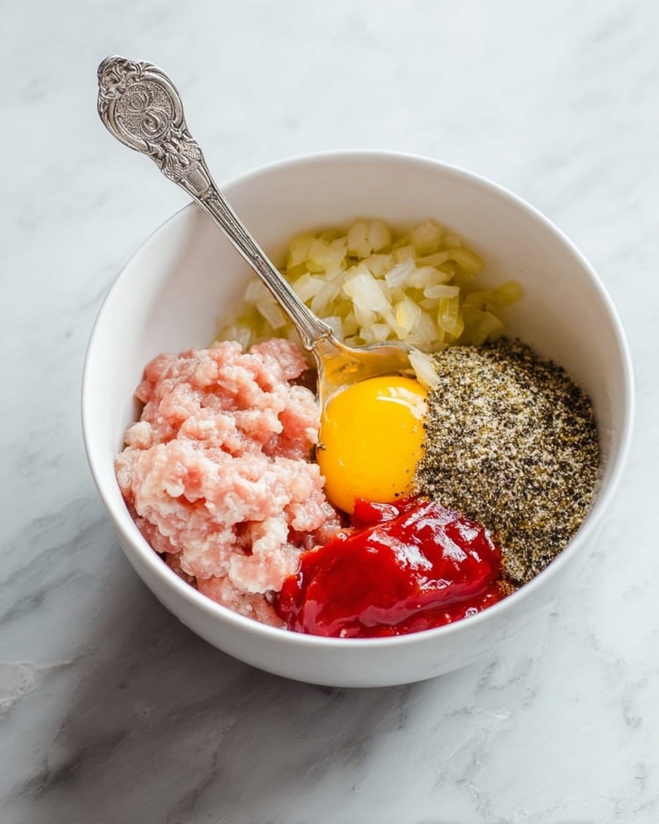 A white bowl sits on a white marbled surface, filled with separate layers of ingredients: pale pink ground meat on the left side, chopped light yellow onions in the back, a bright yellow egg yolk in the center, a mound of dark speckled seasoning mix on the right, and a shiny red sauce in the front right. A silver ornate spoon rests inside the bowl with its handle leaning out. The ingredients are unmixed and clearly visible as individual layers photo taken with an iphone --ar 4:5 --v 7