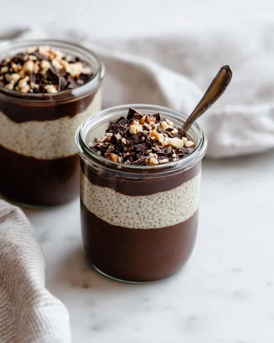 Two glass jars sit on a white marbled surface, each filled with three layers. The bottom and top layers are dark chocolate pudding with a smooth texture, while the middle layer is a creamy off-white chia seed pudding. The top layer is sprinkled with small pieces of nuts and dark chocolate. One jar has a silver spoon inside it, leaning slightly to the side. A soft, light-colored cloth with subtle stripes is blurred in the background. photo taken with an iphone --ar 4:5 --v 7