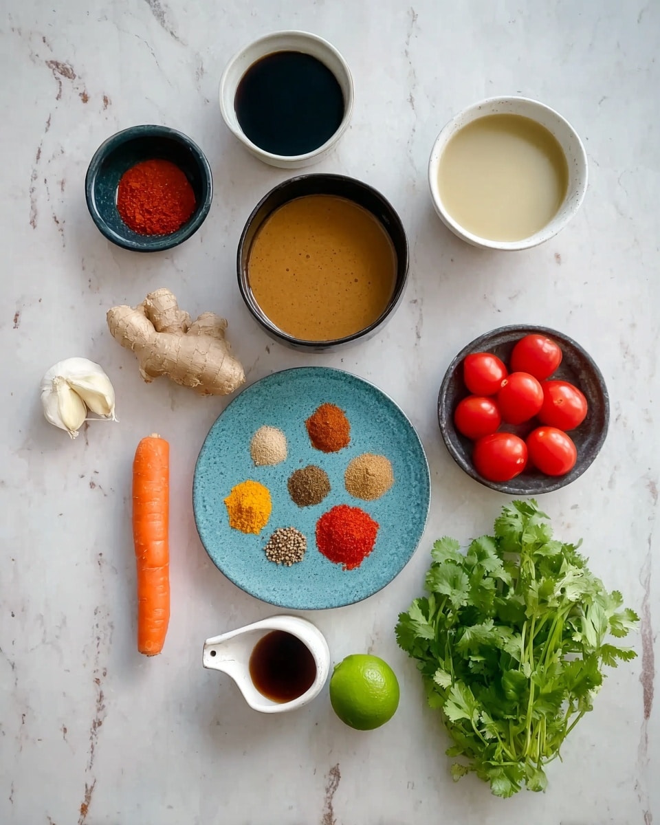The image shows a white marbled surface with cooking ingredients arranged neatly. At the top left is a small white bowl with a dark liquid, next to it on the right is a white bowl filled with a creamy liquid. Below them is a black bowl with a thick tan sauce. To the left is a small unpeeled ginger root and two garlic cloves. A whole carrot lies horizontally below the garlic. Underneath the carrot is a small black bowl with red paste. To the right is a small white bowl filled with round red cherry tomatoes. Below these bowls is a round blue plate holding five piles of different spices in yellow, orange, brown, red, and beige hues. Next to the spices is a green lime. To the right at the bottom is a small white sauce boat with dark brown sauce, sitting beside a bunch of fresh green cilantro. photo taken with an iphone --ar 4:5 --v 7