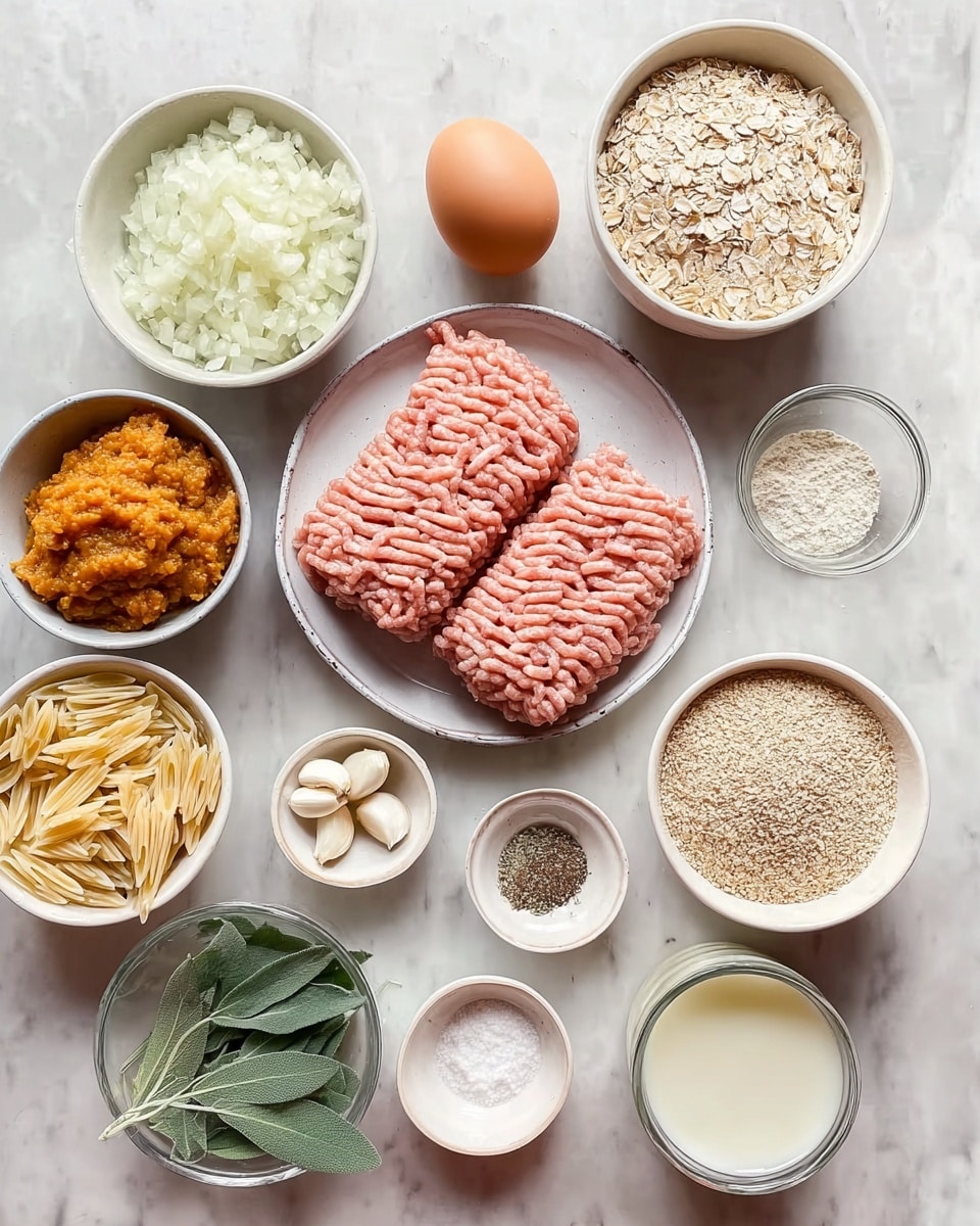 The image shows a top-down view of several white bowls and a white plate on a white marbled surface, each holding different ingredients for cooking. In the center, a white plate contains two layers of raw ground meat side by side, pinkish in color and textured with grill-like lines. Surrounding it, there are eight bowls: one with chopped white onions, one with raw orzo pasta which is pale beige and smooth, one with dry breadcrumbs of two shades, one with a light brown mashed mix (likely sweet potatoes), and one with chopped fresh green sage leaves. Other small bowls hold ingredients like two peeled white garlic cloves, seasoning powders that include black pepper, salt, and garlic powder, and a whole brown egg next to them. At the bottom, two clear glasses contain light-colored liquids, possibly milk and broth. The bowls and plate are neatly arranged on the white marbled surface in a slightly scattered circle. photo taken with an iphone --ar 4:5 --v 7