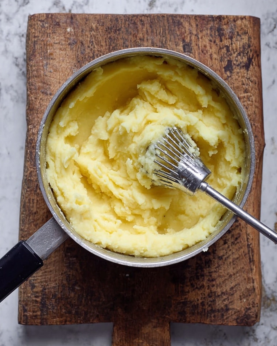 A metal pot filled with creamy yellow mashed potatoes with a smooth texture and slight lumps. A silver potato masher is pressing into the mashed potatoes from the right side, with some mashed potato clinging to its grid. The pot has a black handle and sits on a rustic wooden board, which rests on a white marbled surface. The overall look is warm and homey. photo taken with an iphone --ar 4:5 --v 7