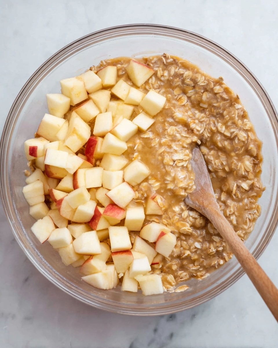 A clear glass bowl holds a mixture of thick, creamy oatmeal with a golden-brown color and visible oat flakes. On one side of the bowl, there is a layer of small, evenly diced apple pieces with pale yellow flesh and red edges, sitting loosely on top of the oatmeal. A wooden spoon is partially submerged on the right side of the bowl, resting on the white marbled surface below. The whole setting is bright and clean, showing the texture of the oats and the fresh apple clearly. photo taken with an iphone --ar 4:5 --v 7