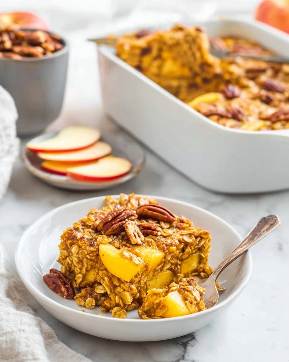 A white bowl holds a square serving of baked oatmeal with visible layers of soft, golden-brown oats mixed with chunks of yellow apple pieces and topped with whole and halved pecans. A silver spoon rests inside the bowl on the right side, ready to scoop. In the background, a white baking dish filled with more of the baked oatmeal shows a serving being taken out, showing the moist texture of the dish. Nearby is a small gray bowl filled with extra pecans and a couple of fresh apple slices resting on a white marbled surface. The whole setting is bright and clean, emphasizing the warm, hearty look of the oatmeal photo taken with an iphone --ar 4:5 --v 7