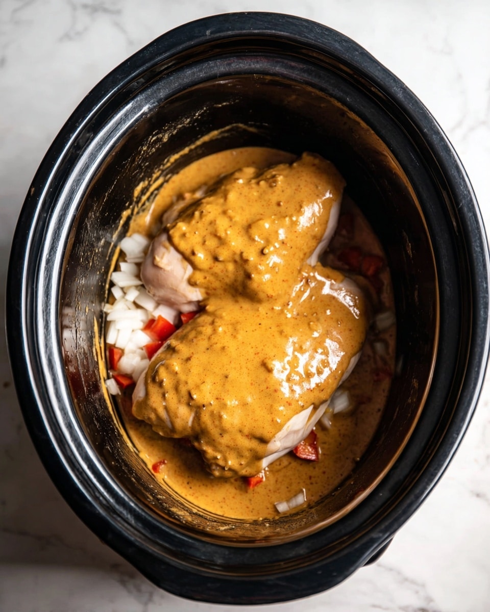 Inside a black slow cooker, there are two large pieces of raw chicken placed on a bed of chopped white onions and small red bell pepper pieces. The chicken is covered with a thick, smooth layer of mustard-colored sauce with small textured bits, spreading over most of the meat. The sauce looks creamy and slightly shiny, blending with the chicken and vegetables beneath. The slow cooker sits on a white marbled surface. photo taken with an iphone --ar 4:5 --v 7