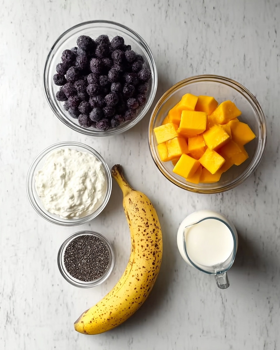 The image shows six ingredients placed on a white marbled surface, arranged in two columns. On the top left is a clear glass bowl full of dark purple blueberries, next to it on the right is another clear glass bowl with bright orange mango chunks. Below the blueberries is a small clear glass bowl filled with thick white yogurt. To the right of the yogurt and below the mango chunks is a ripe yellow banana with brown spots. At the bottom left corner, there is a small clear glass bowl filled with tiny black chia seeds. Lastly, on the bottom right, there is a small clear glass pitcher filled with white milk. The light is soft and natural, showing the fresh colors clearly, photo taken with an iphone --ar 4:5 --v 7