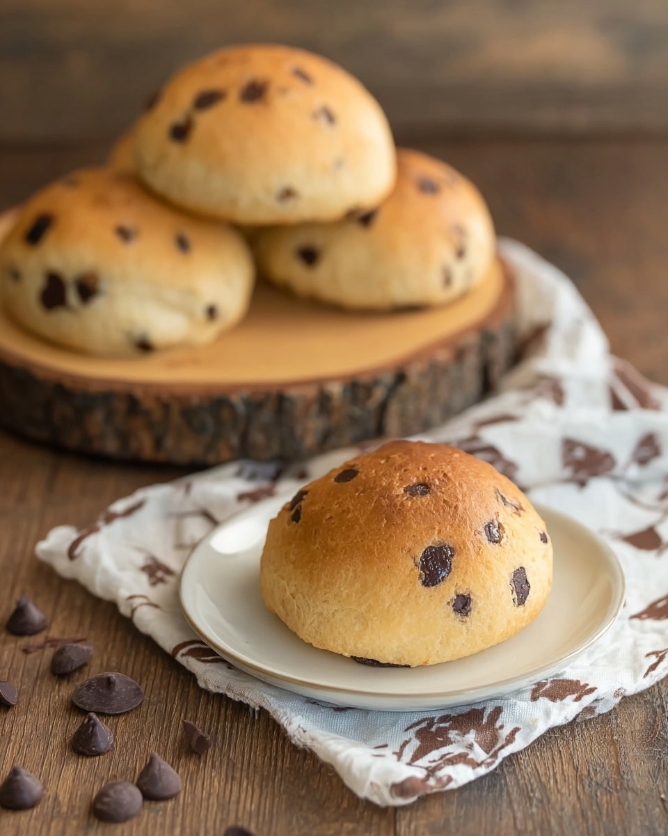 The image shows a single golden-brown chocolate chip bun placed on a small white plate in the front. The bun is round and soft with scattered dark chocolate chips visible on its surface. Behind it, there is a group of four more buns stacked together on a rustic wooden round board. The background surface is wooden with a few loose chocolate chips placed around the plate and board. A white cloth with a subtle brown pattern is partially visible under the wooden board. The photo taken with an iphone --ar 4:5 --v 7