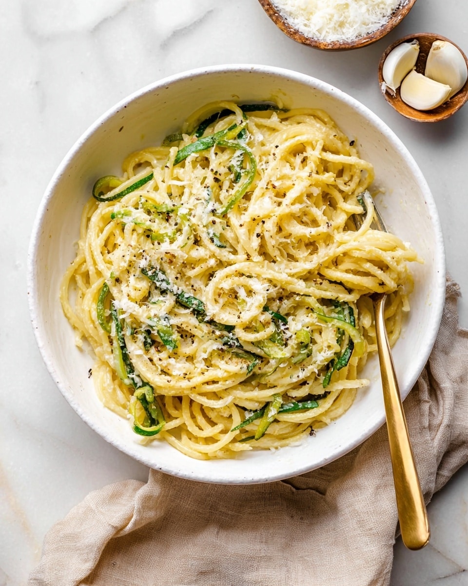 A white bowl filled with three layers of food: the bottom layer is creamy yellow spaghetti noodles twisted together, the middle layer consists of green vegetable strips mixed evenly through the noodles, and the top layer has small white grated cheese and black pepper sprinkled all over. A silver fork with a golden handle is touching the noodles inside the bowl. The bowl sits on a white marbled surface with a small white bowl of white grated cheese and a white bowl of garlic cloves nearby, and a beige cloth partially under the pasta bowl. Photo taken with an iphone --ar 4:5 --v 7