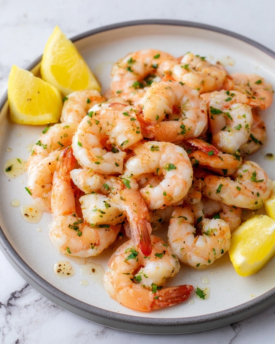A white plate with a gray rim holds a single layer of cooked shrimp, each shrimp curled and pink with white highlights, sprinkled with small green herb pieces. There are three lemon wedges placed on the edge of the plate, adding bright yellow color. The plate is on a white marbled surface, and small droplets of liquid can be seen near the shrimp. photo taken with an iphone --ar 4:5 --v 7