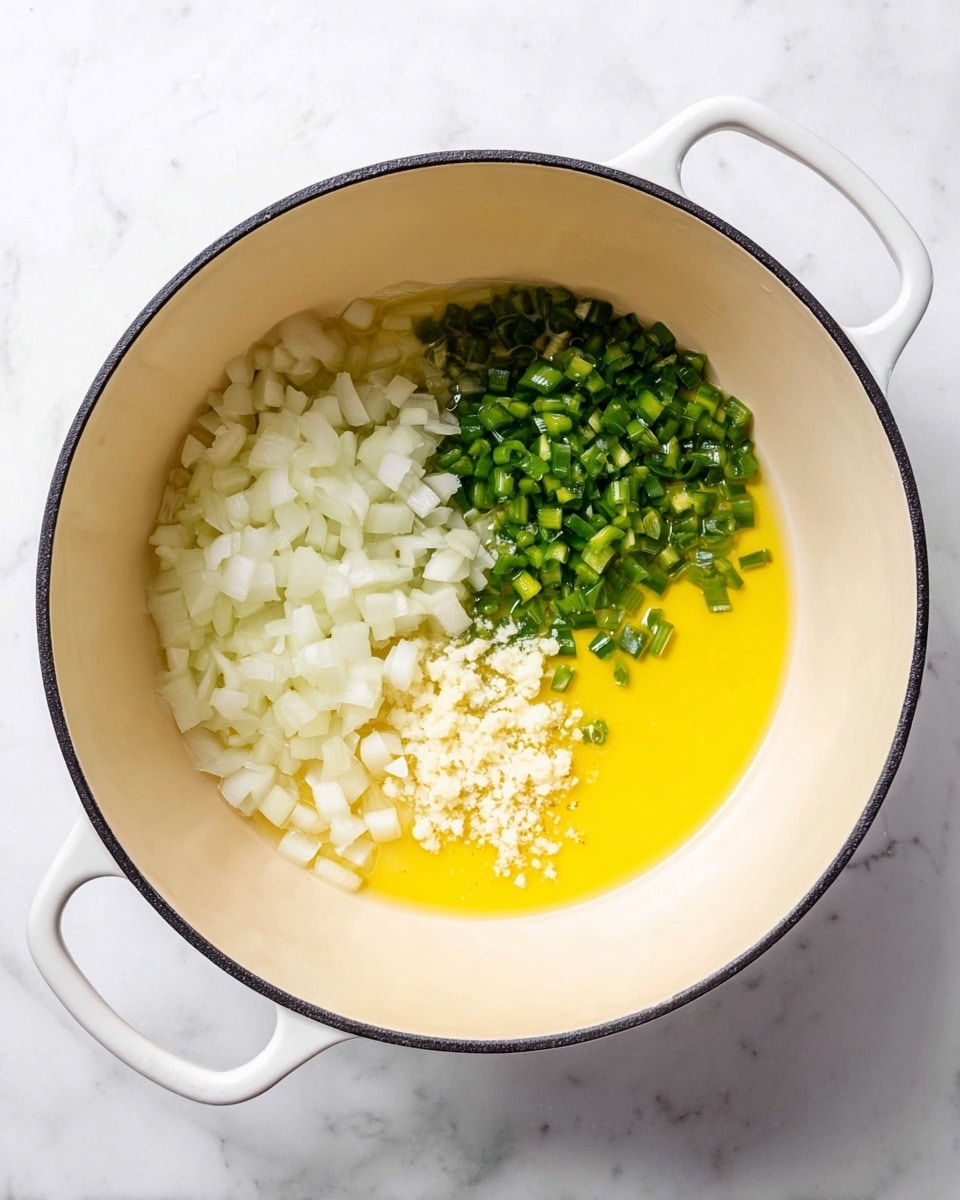 A white pot with two handles on each side sits on a white marbled surface, inside it there are four different layers arranged side by side: a large block of small white diced onions on the bottom left, next to it on the top left is a pile of small chopped green peppers, to the right of the peppers is a small heap of finely chopped white garlic, and the fourth layer is a pool of yellow oil that fills the right side of the pot. The pot has a smooth, shiny beige interior and a black rim around the top edge. photo taken with an iphone --ar 4:5 --v 7