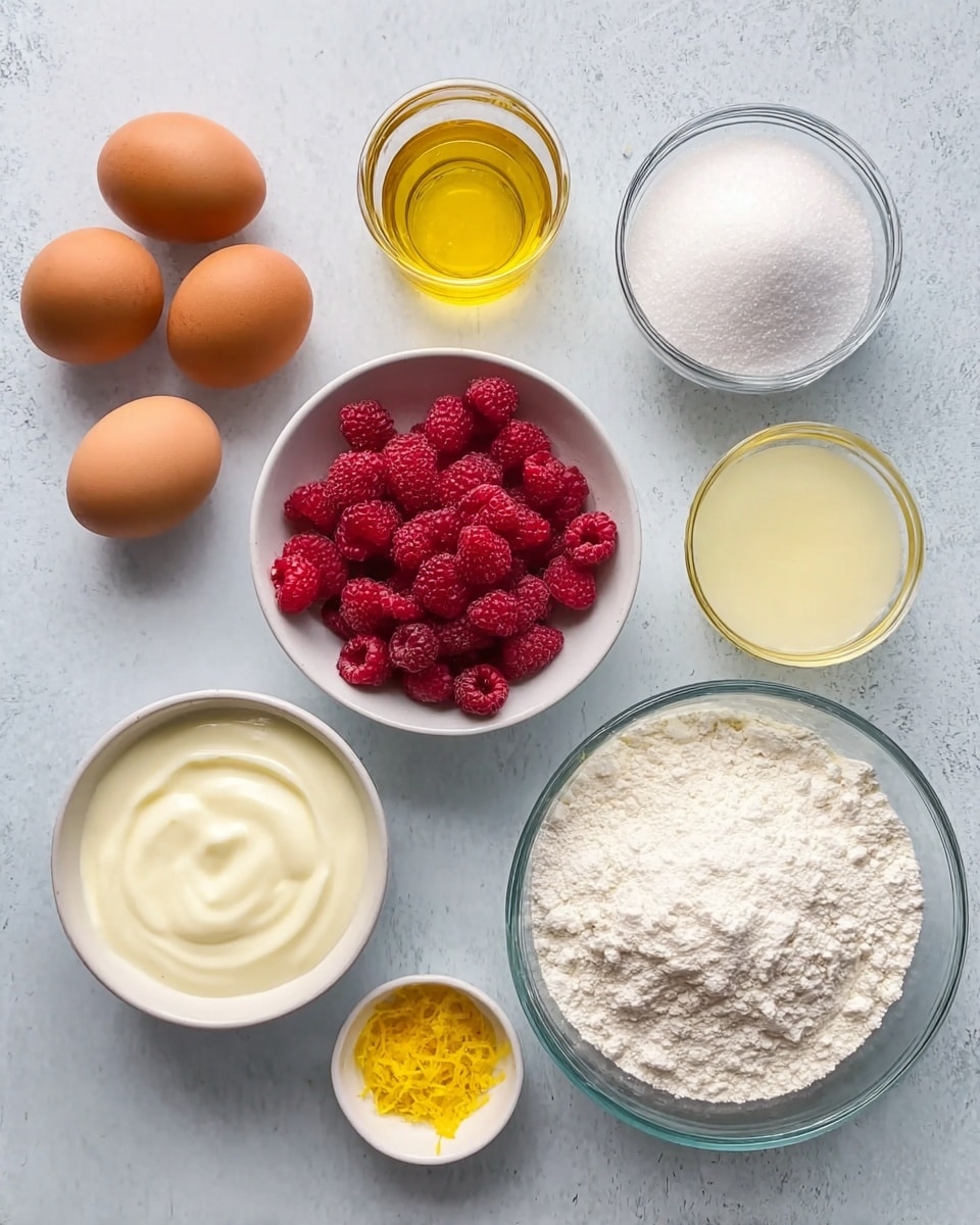 A photo shows eight different ingredients placed neatly on a white marbled surface. Starting from the top left, there are three brown eggs grouped together; to their right, a white bowl filled with fresh red raspberries; next to it is a clear glass with a golden yellow liquid inside. On the top right corner is a smaller clear glass filled with white granulated sugar. Below the sugar, on the right side, a large clear glass bowl holds white flour. Moving to the bottom left, a white bowl contains smooth white yogurt, with a small clear glass with pale yellow liquid beside it. Lastly, in the center bottom is a tiny white dish with bright yellow lemon zest. The light is soft, showing textures of each ingredient clearly, all placed on a clean white marbled surface photo taken with an iphone --ar 4:5 --v 7
