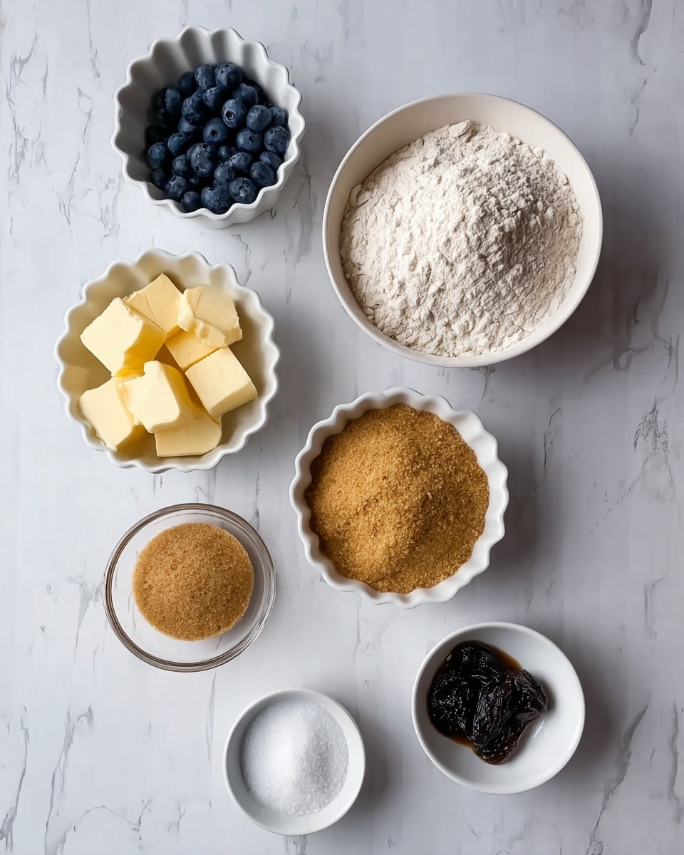 The image shows seven white bowls arranged on a white marbled surface, each containing a different baking ingredient. In the top left corner is a small white scalloped bowl filled with fresh blueberries. To its right, a larger white bowl contains a mix of flour and baking powder. Below the blueberries is a small glass bowl holding brown sugar. Below the flour bowl is a larger white scalloped bowl filled with light brown sugar. Lower left shows a white bowl with thick pieces of butter. Below the brown sugar is a small white bowl of coarse salt. At the bottom right, another small white bowl contains a dark, sticky substance. The setup is neat and prepared for baking, photo taken with an iphone --ar 4:5 --v 7