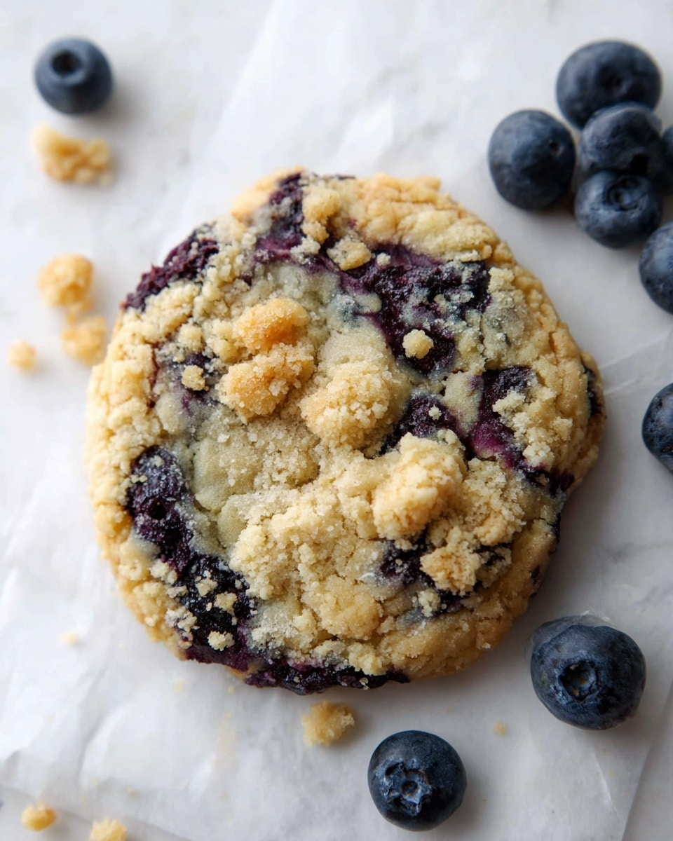 A round cookie with uneven golden crumb topping sits on a white marbled texture covered in a white parchment paper. The cookie has a mix of light golden dough and dark purple-blue blueberry swirls visible throughout. Around the cookie, a few fresh blueberries rest on the white marbled texture. The cookie's surface looks soft with crumbly pieces scattered on top. photo taken with an iphone --ar 4:5 --v 7