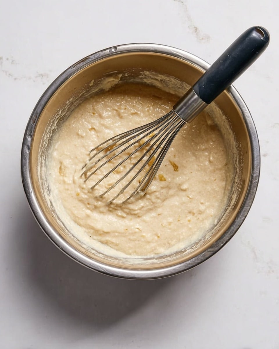A silver mixing bowl filled with a pale beige batter that has a slightly thick and lumpy texture, showing small pieces of an ingredient mixed inside. A metal whisk with a black handle rests inside the bowl, partially covered by the batter. The bowl sits on a white marbled surface that adds a clean and bright look to the image. photo taken with an iphone --ar 4:5 --v 7