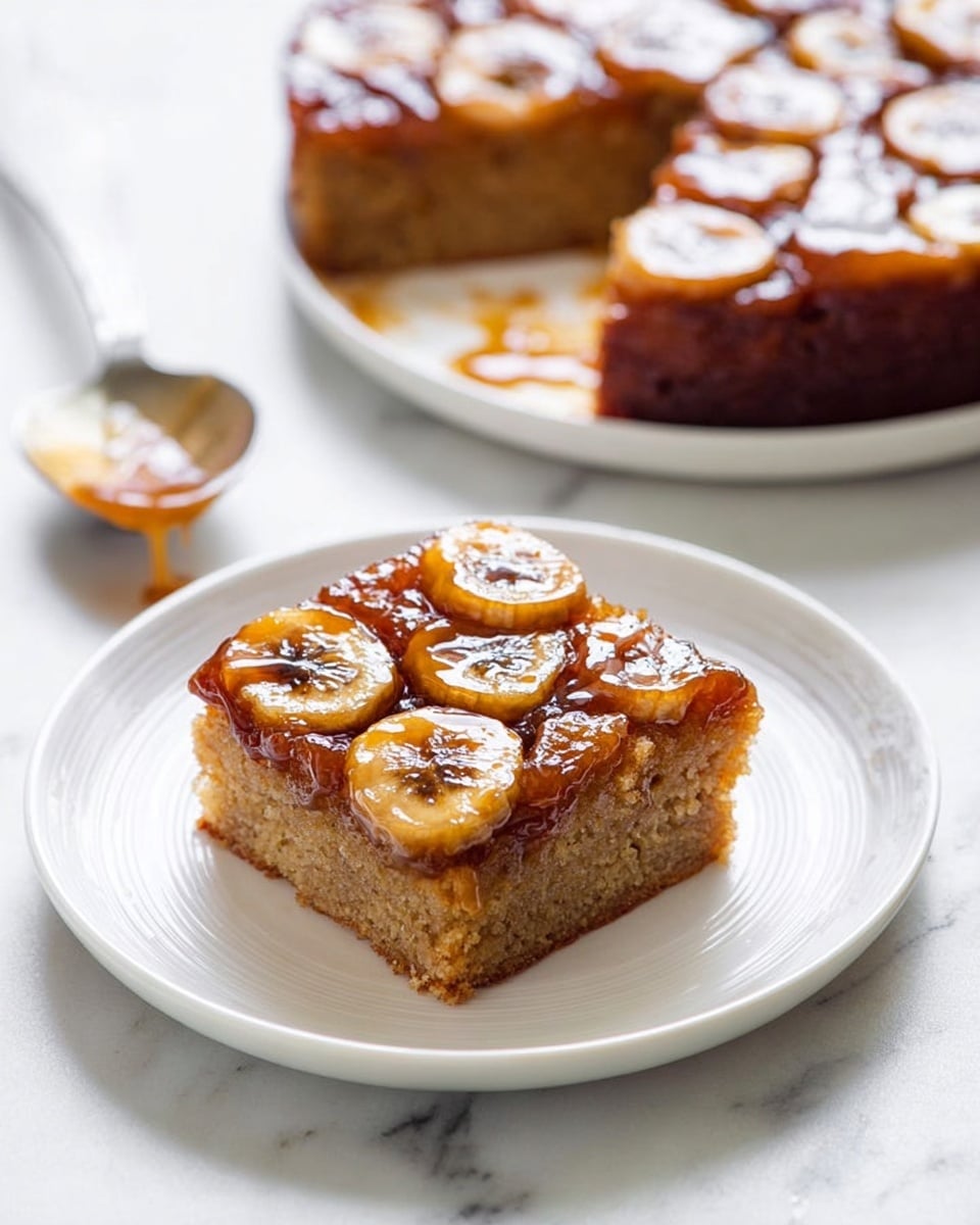A square piece of banana cake with one visible layer of light brown, moist cake topped with a glossy, caramelized layer showing round slices of banana in a darker golden caramel color. The cake piece is placed on a white plate with a plain texture, and in the background, the rest of the cake is on a white plate with a missing piece. A silver spoon with some caramel sauce rests between the plates on a white marbled surface, with soft natural lighting. photo taken with an iphone --ar 4:5 --v 7
