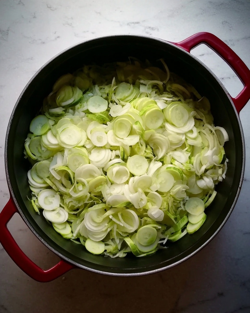 A top view of a black cooking pot with two red handles, filled with many thin, light green and white slices of vegetables piled high inside. The pot is placed on a white marbled surface. photo taken with an iphone --ar 4:5 --v 7