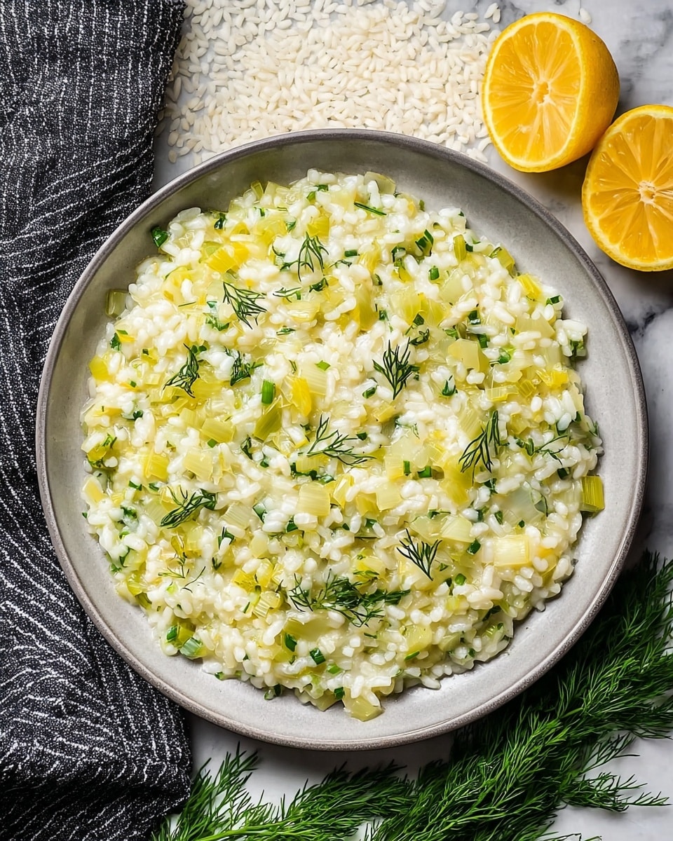 A white round plate filled with a single layer of creamy risotto made of small white rice grains mixed with light yellow and green pieces of leek and herbs, topped with small green dill sprigs. Two halves of a yellow lemon sit at the back edge of the plate. The plate is placed on a white marbled surface scattered with white rice and fresh dill, with a gray cloth with black stripes folded in the upper left corner. Photo taken with an iphone --ar 4:5 --v 7