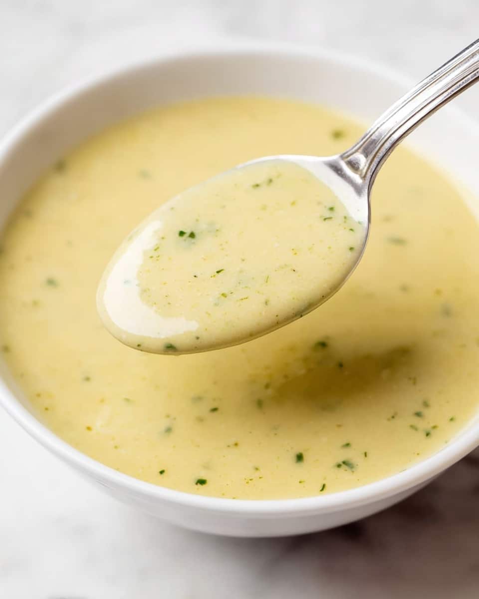 A white bowl filled with smooth, pale yellow soup with small specks of green herbs mixed evenly throughout. A silver spoon is dipped into the soup, holding a rounded scoop of the thick, creamy liquid, catching the light to show its velvety texture. The surface beneath the bowl is a white marbled texture, adding a clean and bright background. The photo is close-up and focused on the spoonful of soup, showing detail in the soup’s consistency and color. photo taken with an iphone --ar 4:5 --v 7