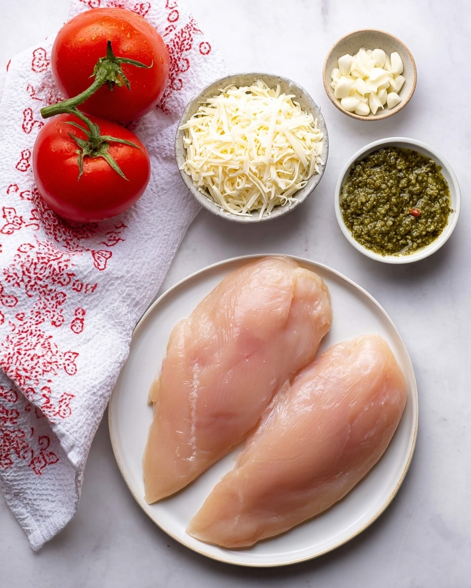 The image shows two raw chicken fillets placed on a white round plate at the bottom right corner of the image. Above the plate, there are three small bowls: one with shredded white cheese, one with chopped garlic, and one with a green pesto sauce, all resting on a white marbled surface. On the left side of the image, there are two fresh red tomatoes with green stems. A white kitchen towel with red patterns is partially folded and placed near the top left corner. The overall setting is bright and clean, with a casual kitchen feel. photo taken with an iphone --ar 4:5 --v 7