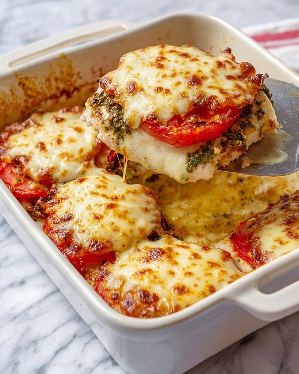 The dish shows a white baking dish filled with several layered portions. Each portion has three main layers: a bottom white meat layer with some green herb mixture on top, a middle layer of thick red tomato slices, and a top layer of melted, golden-brown cheese that covers the tomato and slightly drapes down the sides. The cheese has a bubbly, browned texture, giving it a rich look. A metal spatula is lifting one portion out from the dish, revealing the layers clearly. The dish rests on a white marbled surface. photo taken with an iphone --ar 4:5 --v 7