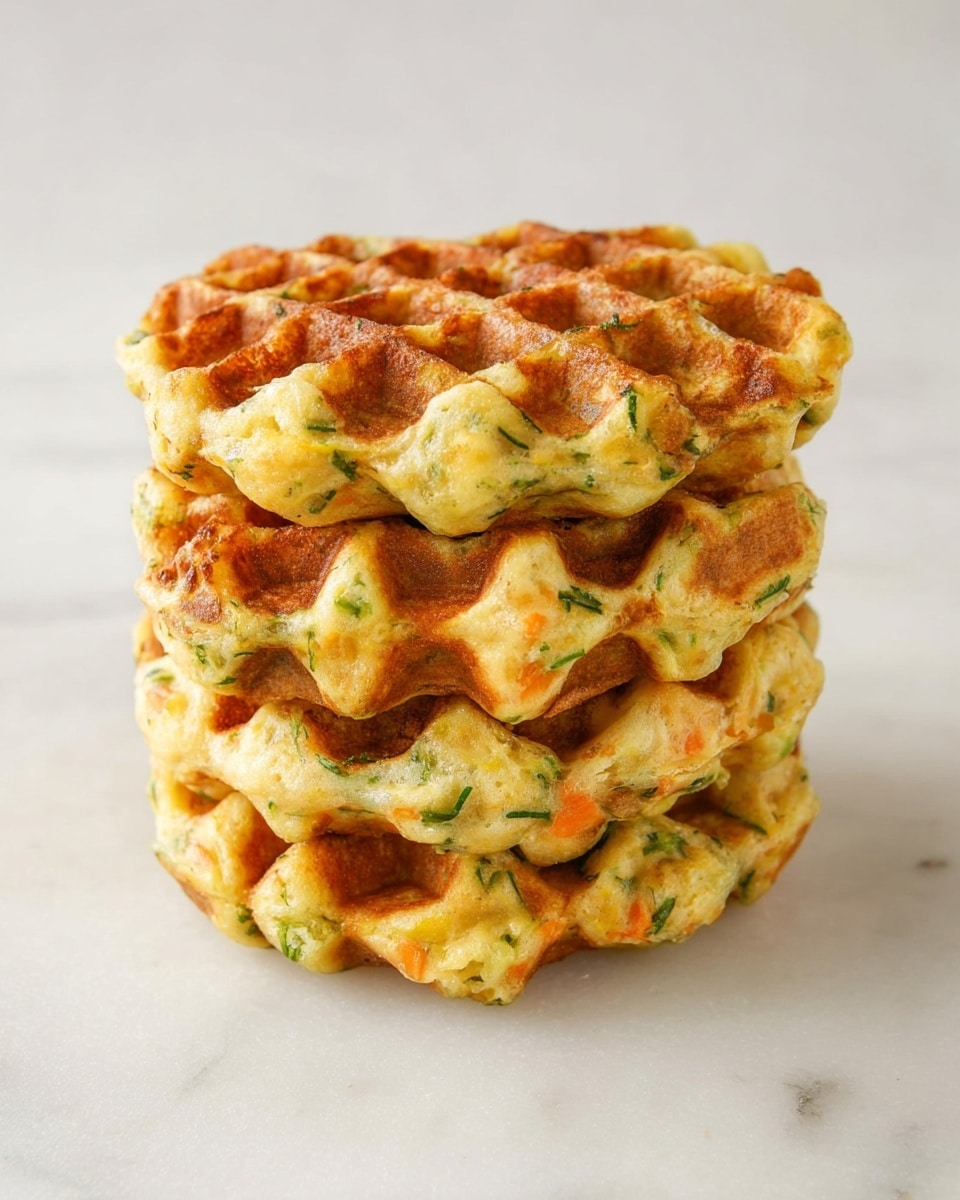 A stack of four savory waffles sits centered on a white marbled surface. Each waffle layer has a golden-brown top with crispy edges and a slightly uneven texture from visible green bits of herbs and small orange flecks, suggesting vegetables mixed in. The waffles show a soft and fluffy inside with specks of green throughout, giving a fresh, natural look. The layers are thick and irregular, stacked neatly in a small tower, with clear waffle indentations catching light. photo taken with an iphone --ar 4:5 --v 7