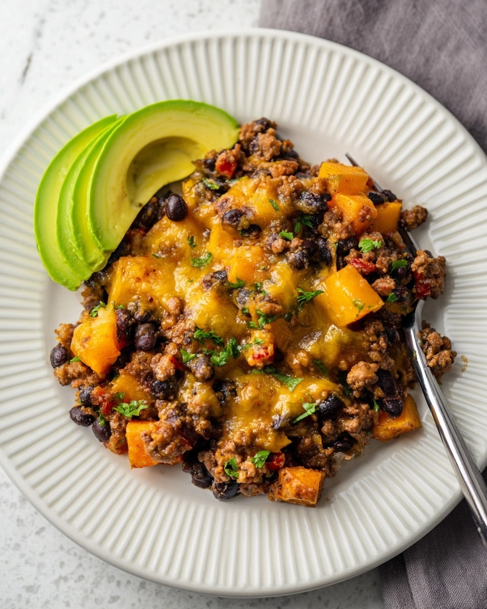 A single layer of cooked ground meat mixed with black beans, small orange chunks of cooked squash, and melted yellow cheese sits in the center of a white plate with ridged edges. The mixture is speckled with small bits of red and green herbs scattered on top. Two slices of bright green avocado lean against the left side of the dish. The plate rests on a white marbled texture photo taken with an iphone --ar 4:5 --v 7