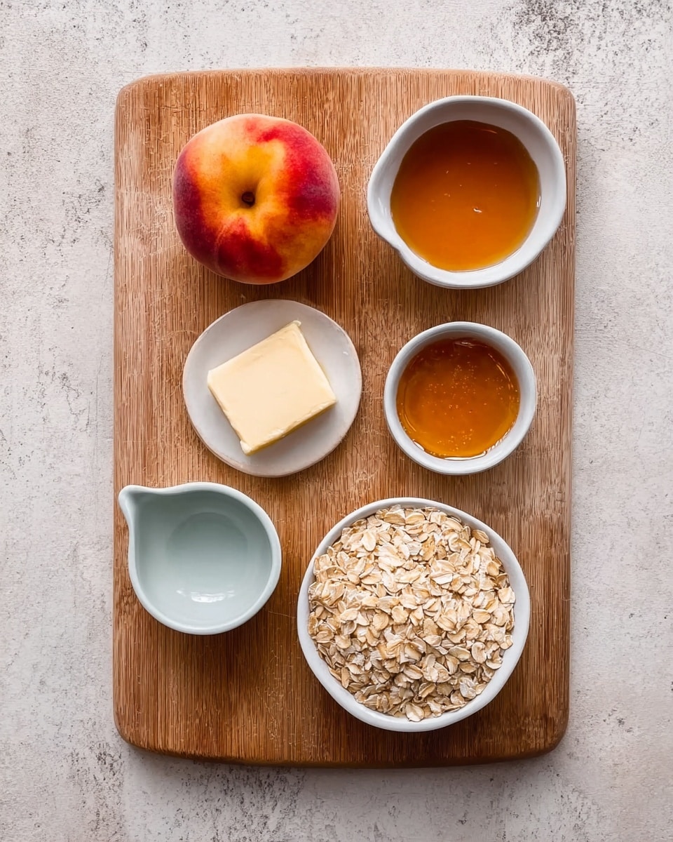 A wooden cutting board is placed on a white marbled texture surface with six food items arranged on it. At the bottom right corner is a white bowl filled with light beige oat flakes. To the left side of the oats is a small white dish holding a light yellow piece of butter. Above the butter, there is a small light blue dish with a greenish liquid inside. In the center of the board, there is one ripe peach with reddish-orange skin and yellow areas. Above the peach, a small white bowl contains a brown powdered spice, and to the right is another white bowl filled with golden amber syrup. Photo taken with an iphone --ar 4:5 --v 7